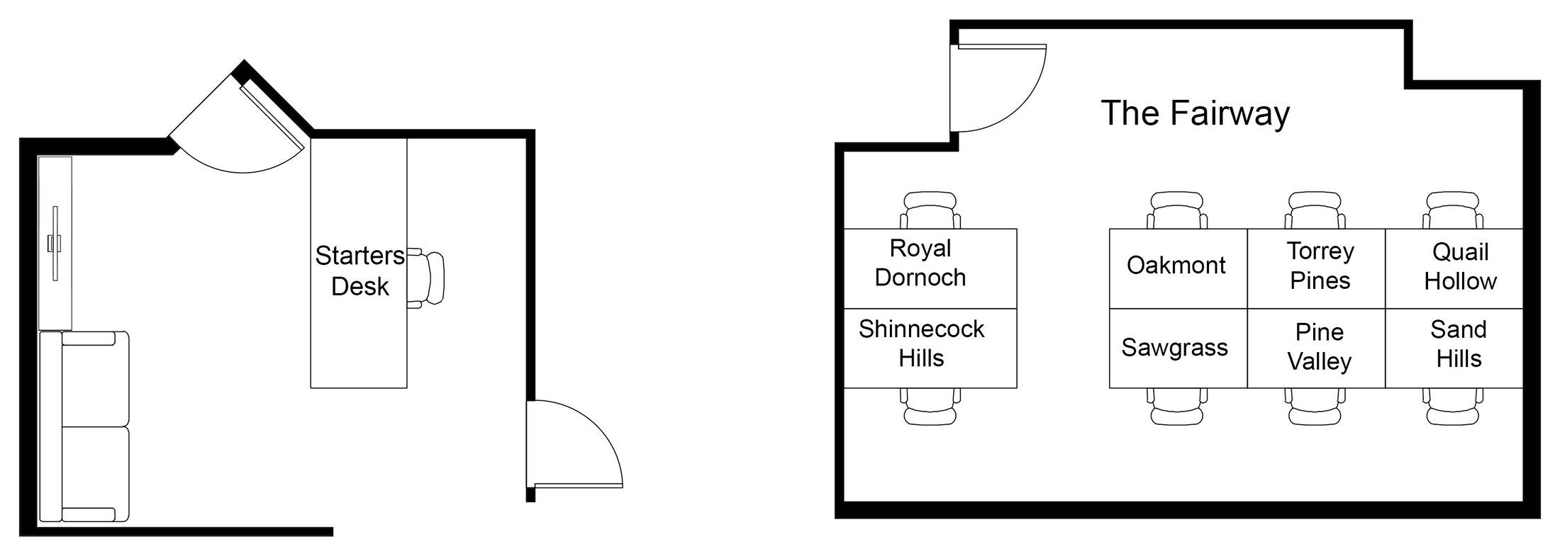 The Fairway and the Starters Desk floor plan — nine bookable desks